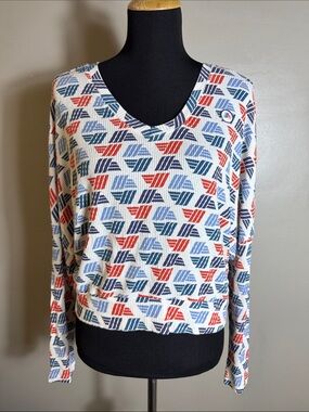 ALDI Gear Geometric Print V-Neck Long Sleeve Top White with Blue & Red Sz L